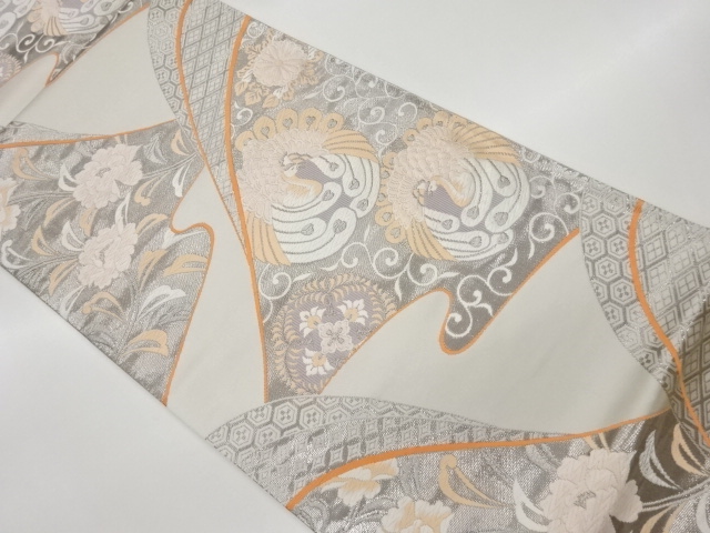 リサイクル　井上定機業店製　プラチナ箔華文に鳳凰・花唐草模様織出し袋帯